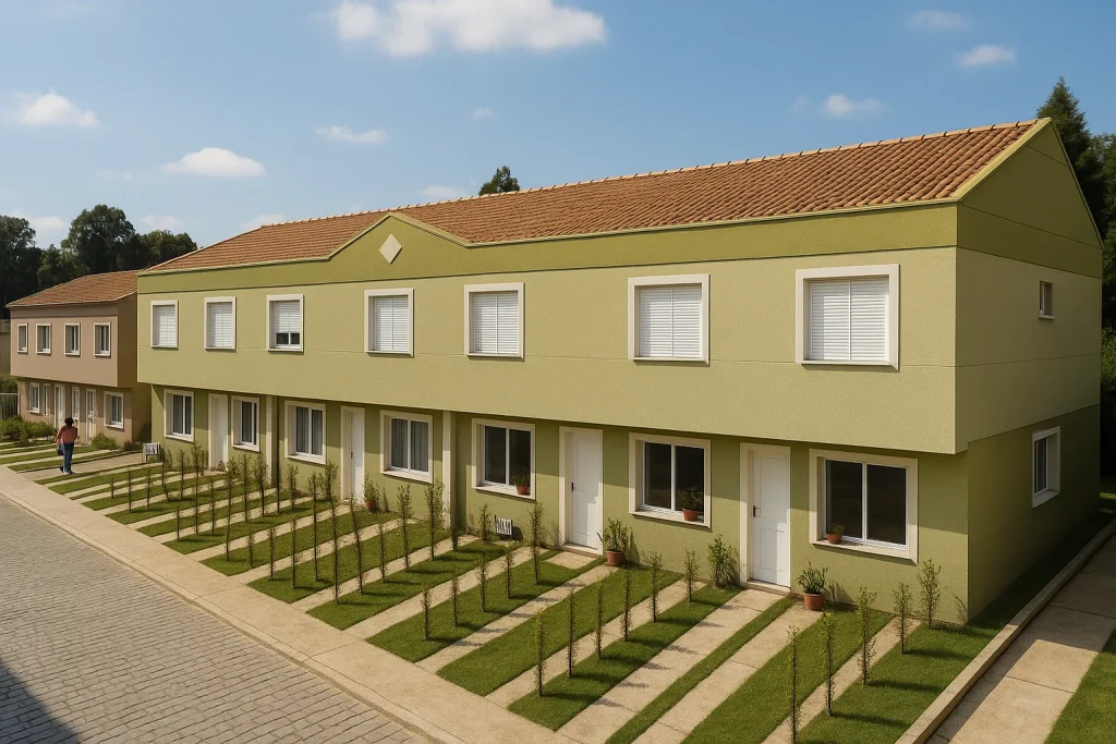 Área externa residencial com paisagismo e espaço de convivência