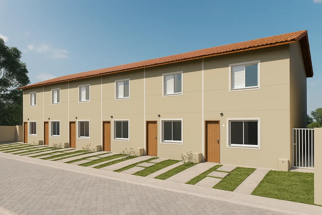 Edifício residencial com fachada clara e paisagismo